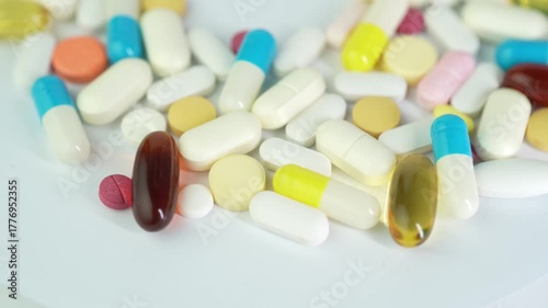 Assorted colorful pills and capsules, vitamin food supplements drugs Medicine softgel medical