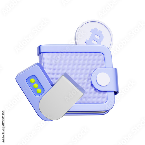 Obraz na płótnie 3D icon of a hardware wallet with a software wallet interface and Bitcoin coin For cryptocurrency wallet security, hardware wallet setup, managing Bitcoin assets, and cold storage solutions