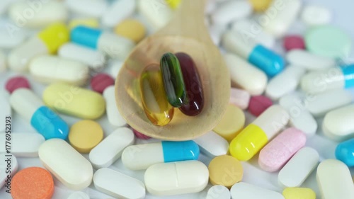 Assorted colorful pills and capsules, vitamin food supplements drugs Medicine softgel medical