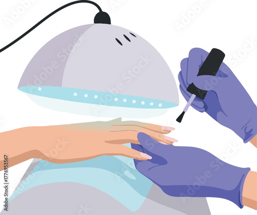 Woman Applying Pink Nail Polish Under UV Lamp Minimal Illustration