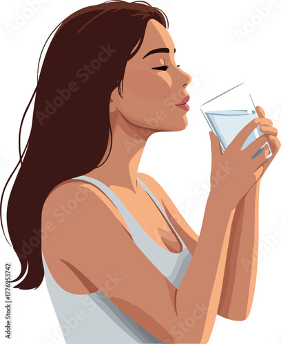 Woman Drinks Water In Sunlight Minimalist Flat Design Vector