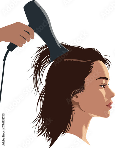 Woman Drying Hair With Black Hair Dryer Minimalist Flat Design Illustration