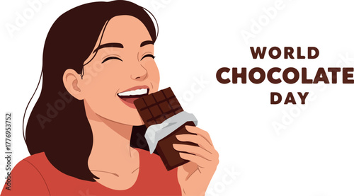 Woman Eating Chocolate Bar Celebrating World Chocolate Day vector art