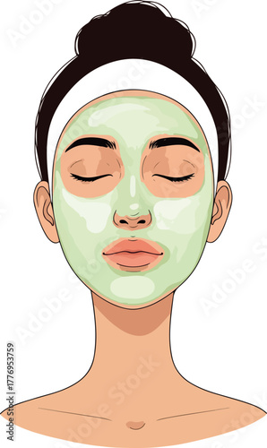 Woman Enjoying Green Clay Mask Self Care Spa Treatment Vector