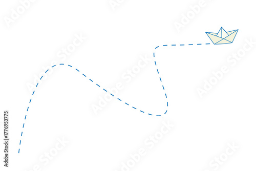A blue vector illustration featuring a dashed line and an origami boat on a white background, symbolizing sea travel, exploration, and the calm beauty of an ocean journey.