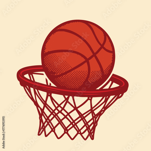 A dynamic vector illustration of an orange basketball about to enter a red hoop, symbolizing energy, precision, and the thrilling spirit of a competitive sports event.