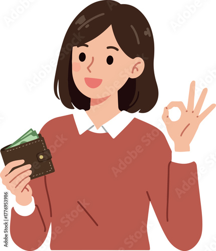 Woman Holding Wallet Showing Okay Sign Flat Design Isolated Object