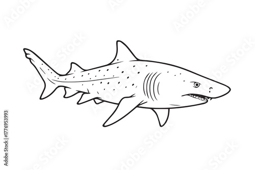 A minimalist black and white vector of a sand shark swimming gracefully, symbolizing marine strength, deep-sea life, and the beauty of underwater wildlife.