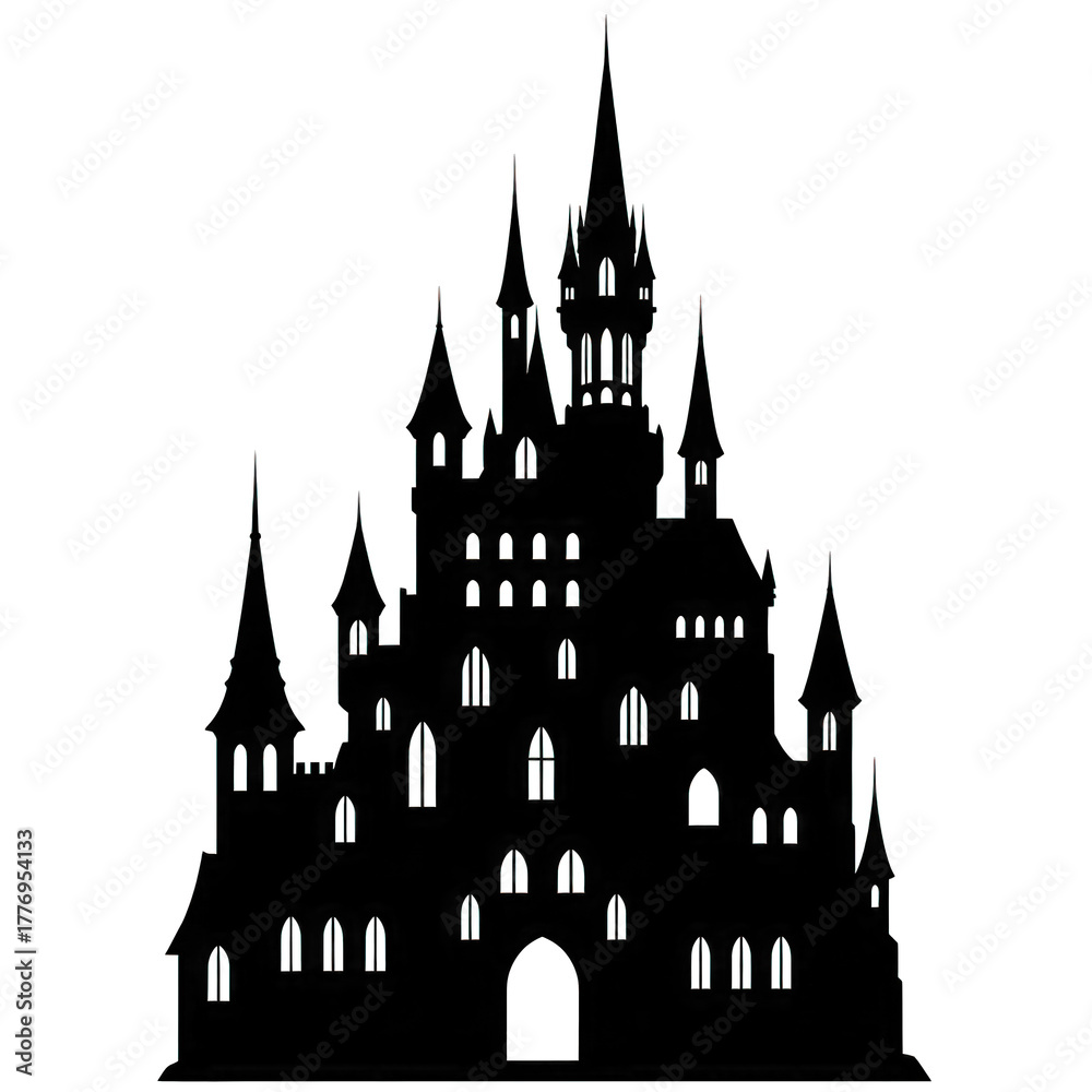 Obraz premium Silhouette of a spooky haunted castle against a dark black night background on white background