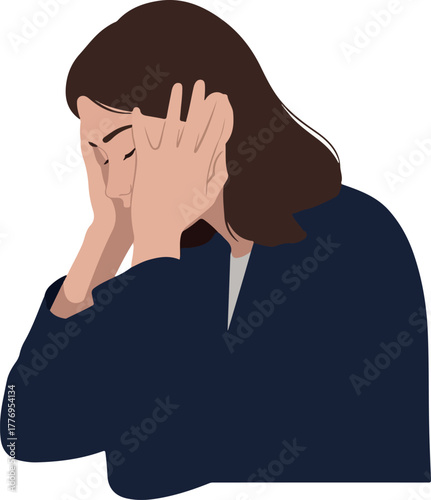 Woman In Dark Blue Jacket Holds Head In Hands Frustrated Mood Flat Design