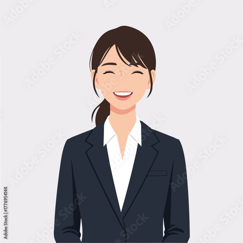 Woman In Dark Blue Suit Smiling With White Shirt And Brown Hair