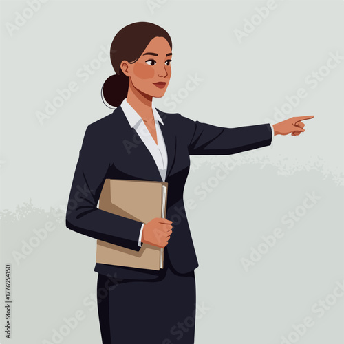 Woman In Dark Suit Points With Folder Isolated Flat Vector Illustration