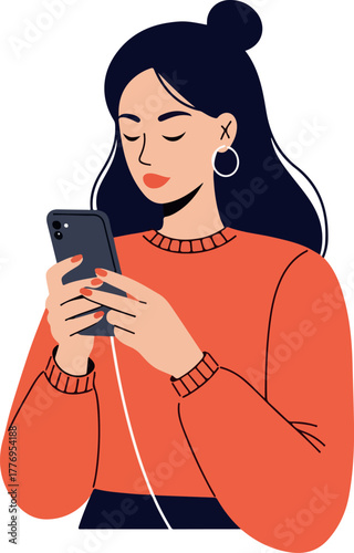Woman in Orange Sweater Browsing Smartphone Flat Illustration