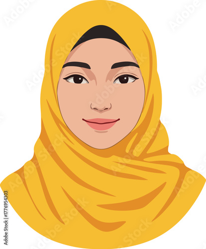 Woman In Yellow Hijab Smiling Flat Design Isolated Vector Portrait