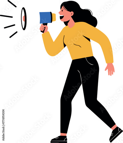 Woman In Yellow Top Black Pants Yelling Megaphone White Background