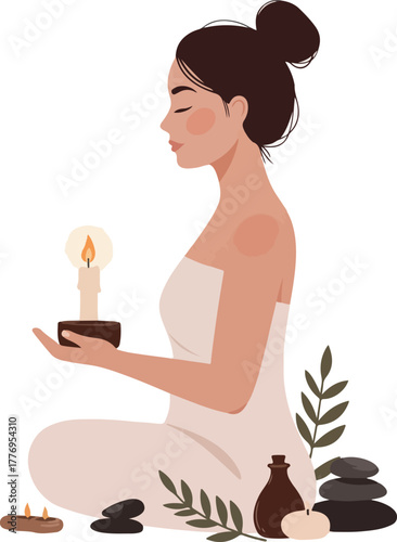Woman Meditating Holding Candle With Eyes Closed Surrounded By Spa Stones