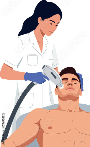 Woman Laser Hair Removal on Man's Face Flat Design Vector Illustration