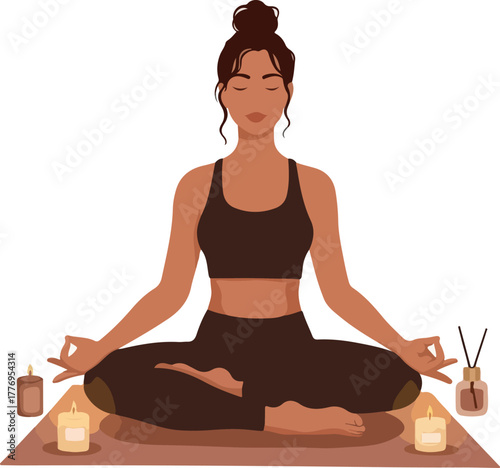Woman Meditating Calmly In Lotus Pose Surrounded By Candles And Diffuser