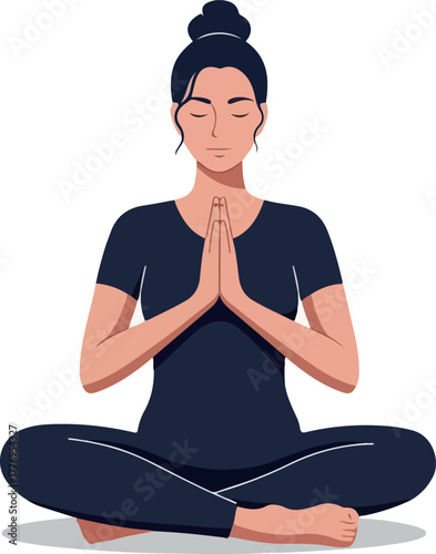 Woman Meditating in Lotus Pose Dark Blue Outfit Soft Light