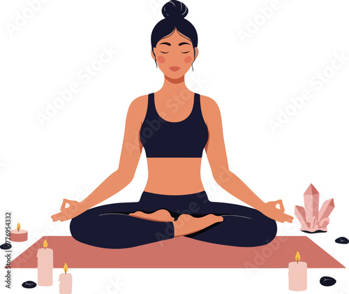 Woman Meditating in Lotus Pose with Crystals Candles and Yoga Mat