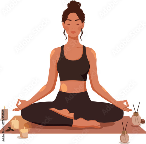 Woman Meditating Yoga Pose Calmness Flat Illustration