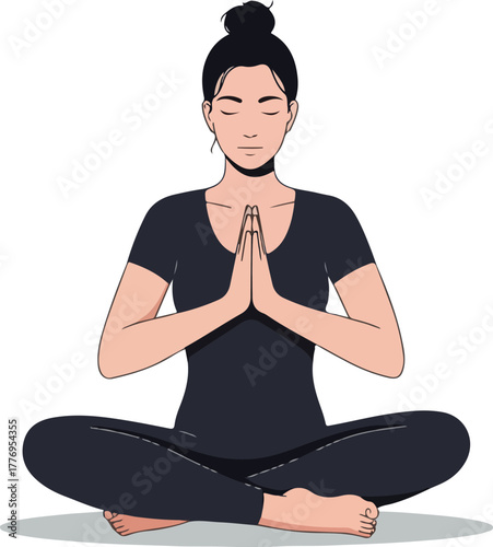 Woman Meditating Calmly Yoga Pose Black Outfit Flat Illustration