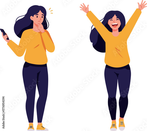 Woman Reacting With Surprise Then Joy Isolated Vector Graphic