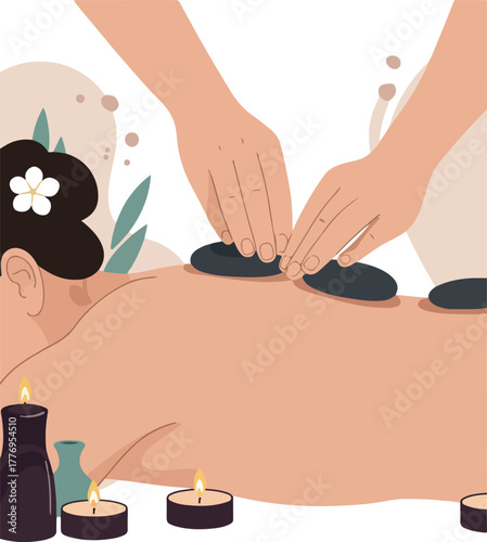 Woman Receiving Hot Stone Massage Therapy Spa Treatment