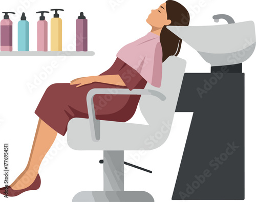 Woman Relaxing in Salon Chair After Hair Wash in Flat Design Style