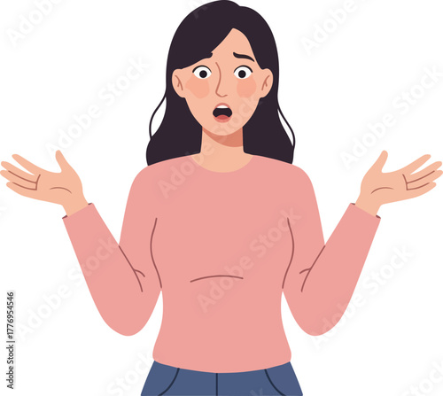 Woman Shrugging Confused In Pink Sweater And Blue Jeans Isolated