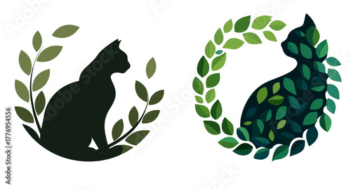 Cat Silhouettes Made of Leaves – Nature Inspired Eco Cat Logo Design