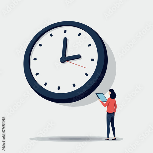 Woman With Tablet Looks At Large Clock On Gray Background