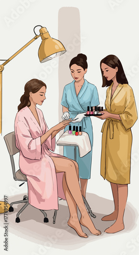 Women Getting Manicure And Pedicure Services In A Nail Salon With Soft Lighting