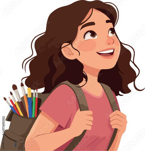 Young Artist Girl With Backpack Full Of Brushes Looking Up