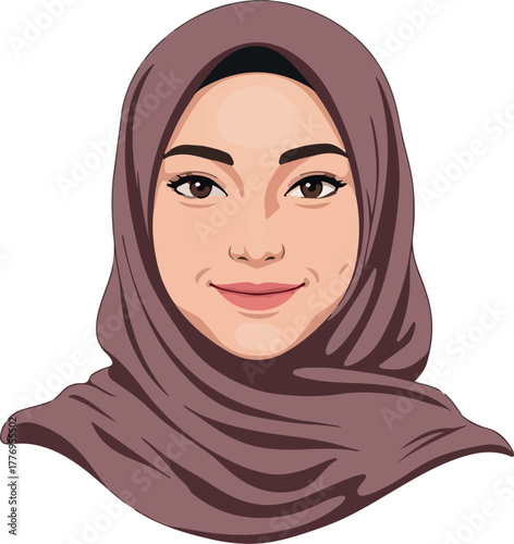Young Woman Wearing Purple Hijab Smiling Warmly Vector Illustration