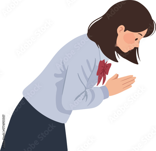 Young Woman In Light Blue Sweater Bows With Hands Together In Respect