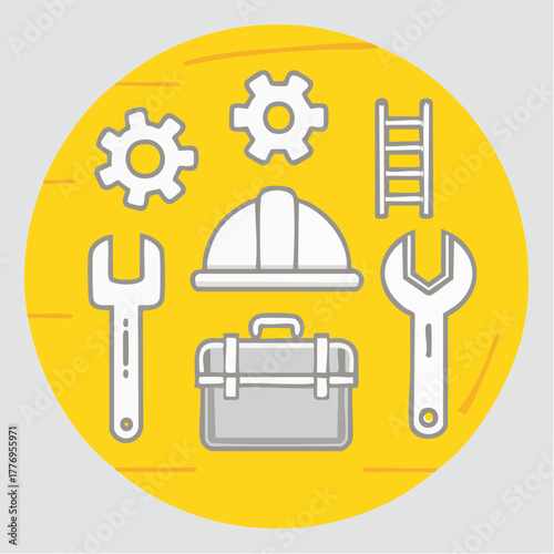 A set of flat line vector icons representing industrial tools for construction, repair, and mechanical engineering services