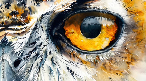 close-up watercolor owl eye detail golden tone