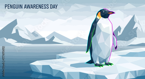 A low-poly illustration of an emperor penguin on an iceberg for Penguin Awareness Day.