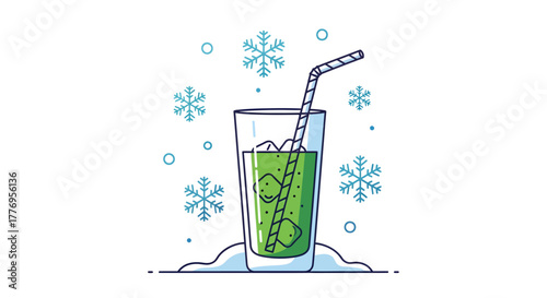 An illustration of a cold green iced drink in a glass with a straw, surrounded by snow and snowflakes.