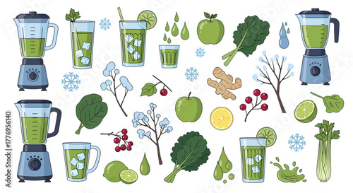 A collection of green smoothie ingredients, blenders, and drinks with winter elements.