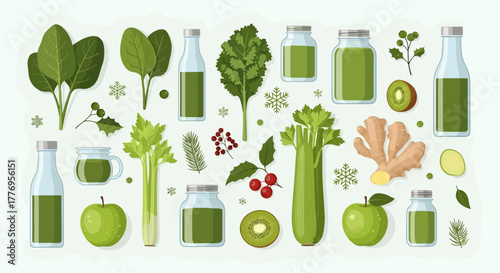 Collection of fresh green ingredients for healthy detox smoothies and juices with winter decorations.