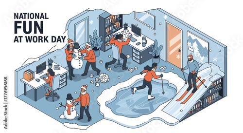 Isometric illustration of office workers celebrating National Fun at Work Day by turning their workplace into a winter wonderland.