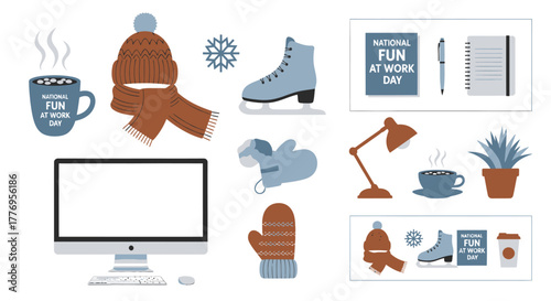 Set of flat vector illustrations for National Fun at Work Day with winter and office elements.
