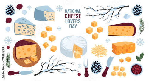 A vibrant illustration celebrating National Cheese Lovers Day with various cheeses and winter elements, including snowflakes and pinecones.