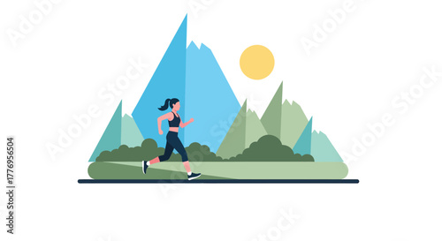 Fit woman jogging through mountain landscape on sunny day, enjoying nature and fresh air during her outdoor workout, promoting healthy lifestyle.