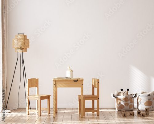 Blank wall mockup in children's playroom, minimalist interior with natural wooden desk and chairs, 3D render