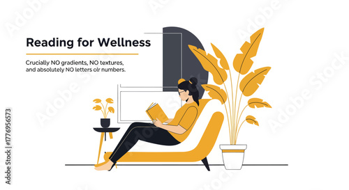 Woman reading a book on a yellow chair in a cozy living room with a plant and a tv, enjoying a relaxing afternoon at home.