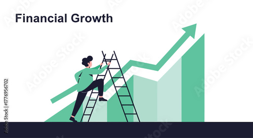 Person climbing ladder towards financial growth represented by upward arrow on light green bars, symbolizing success and achievement in business.