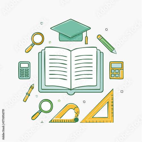 Education and Learning Essentials An Illustration of Books, Tools, and Academic Symbols